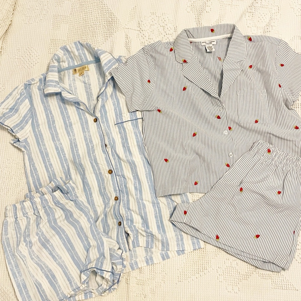 Striped and Strawberry Embroidery Pajama Set Bundle